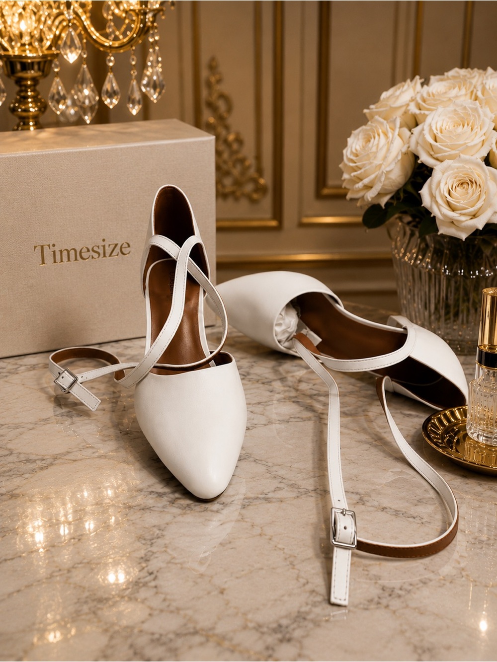 Timesize Women’s White Pointed Flats with Ankle Strap
